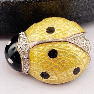 CAROLEE Signed yellow enamel clear rhinestone ladybug brooch vintage jewelry pin